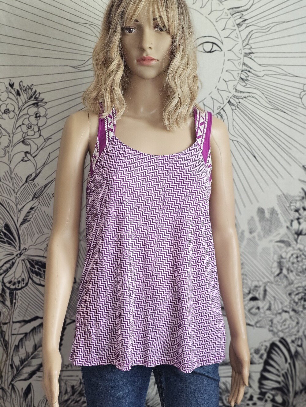 Skies Are Blue Sz Medium Purple Zigzag Chevron Tank Top with Patterned Straps